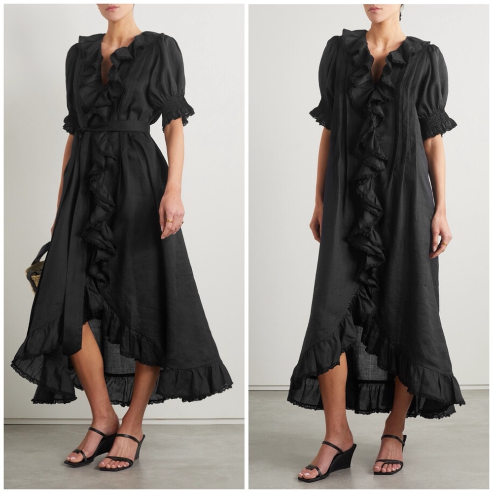 Doen Nanou Belted Ruffle Ramie Midi Dress Black